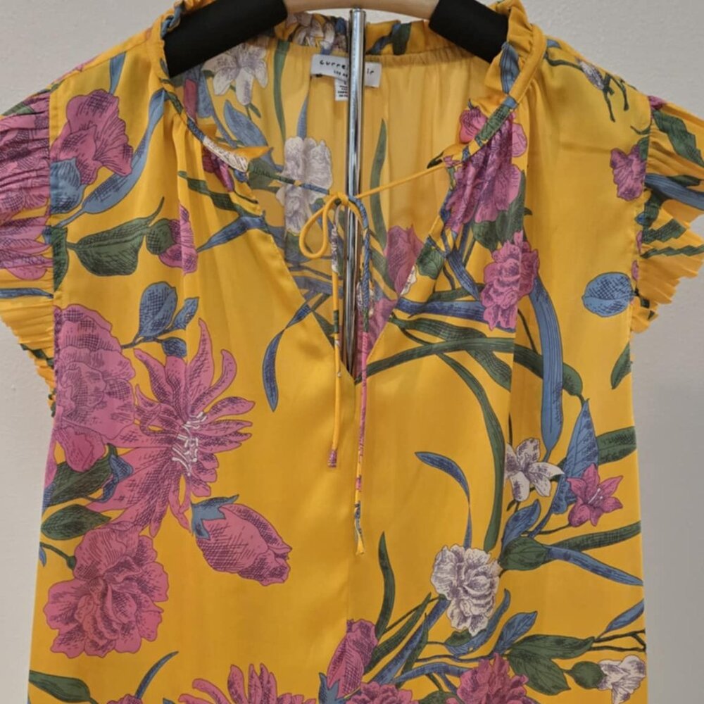 Current Air Los Angeles Ruffle Sleeve Floral Blouse | Size LYellow, Pink,